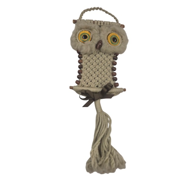 Handmade Other - Vintage Macrame Owl Wall Hanging Boho Wood Bead Tassel Decor Beige 17 Inch